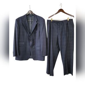 Lauren Ralph Lauren Men's 2 pc Suit Window Pane 100 % Wool Blue 44 R